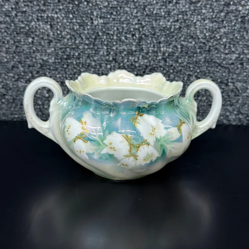 Antique RS Germany Porcelain Sugar Bowl Green White Floral Gold Gilt Scalloped